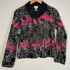 Chico’s Black Pink Satin Embroidered Jacket Blazer Silk Colorful Artsy 80s Party